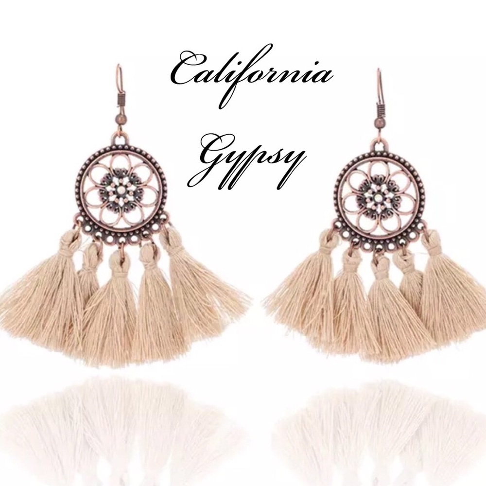 Bohemian scroll copper tassel earrings🌸 - Picture 2 of 2